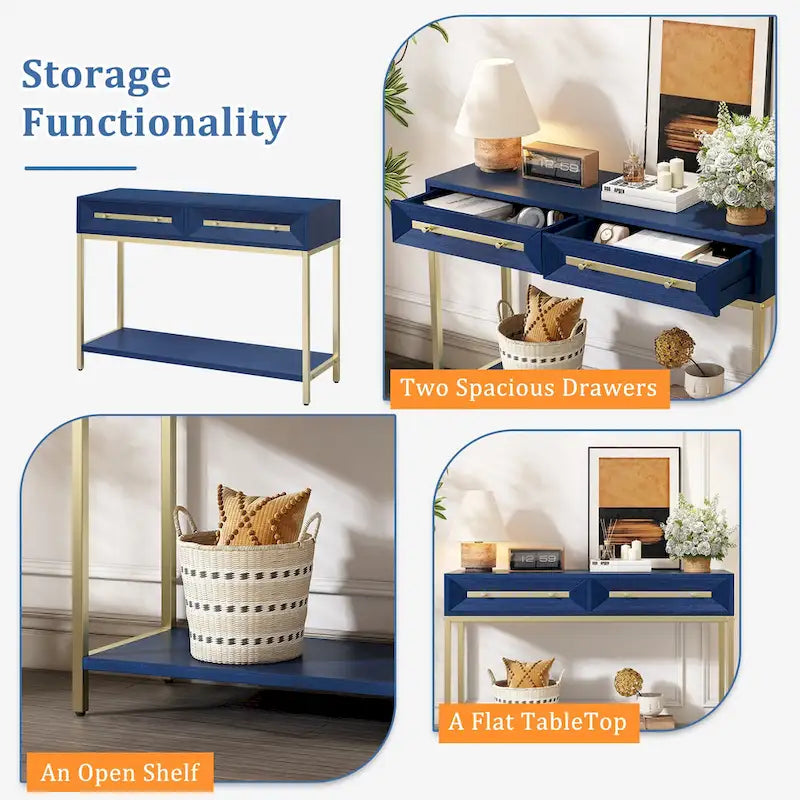 45.5" Retro Console Table - 2 Drawers, Geometric Design, Gold Accents, Black Finish (45.5W x 33.3H)