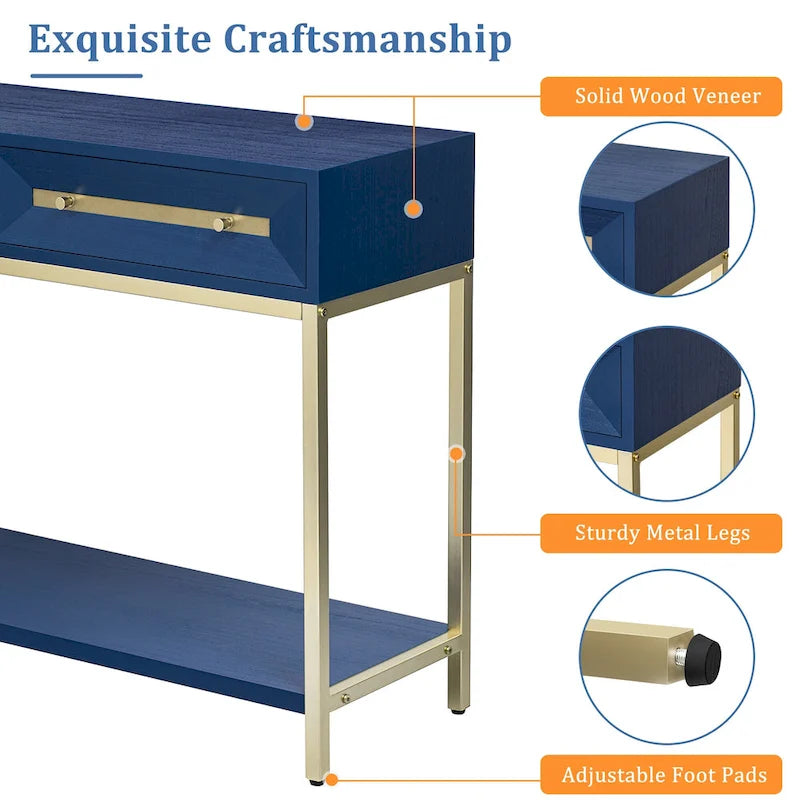 45.5" Retro Console Table - 2 Drawers, Geometric Design, Gold Accents, Black Finish (45.5W x 33.3H)