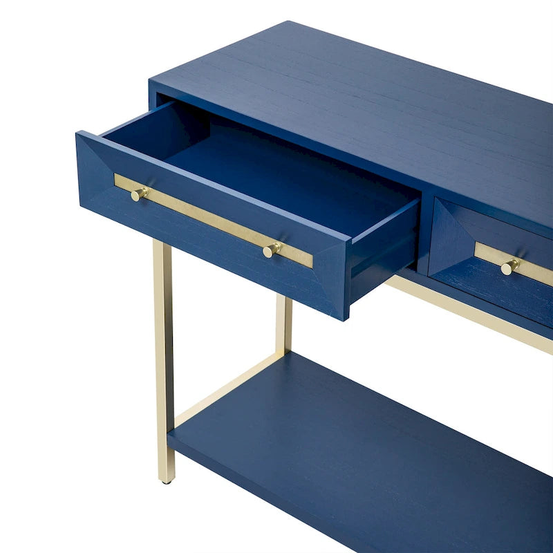 45.5" Retro Console Table - 2 Drawers, Geometric Design, Gold Accents, Black Finish (45.5W x 33.3H)