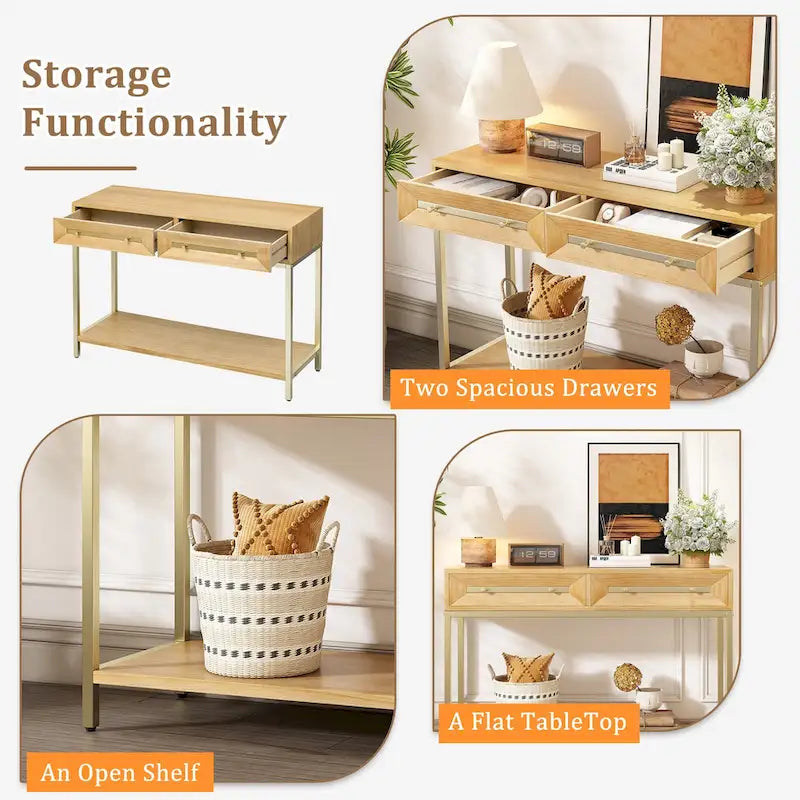 45.5" Retro Console Table - 2 Drawers, Geometric Design, Gold Accents, Black Finish (45.5W x 33.3H)