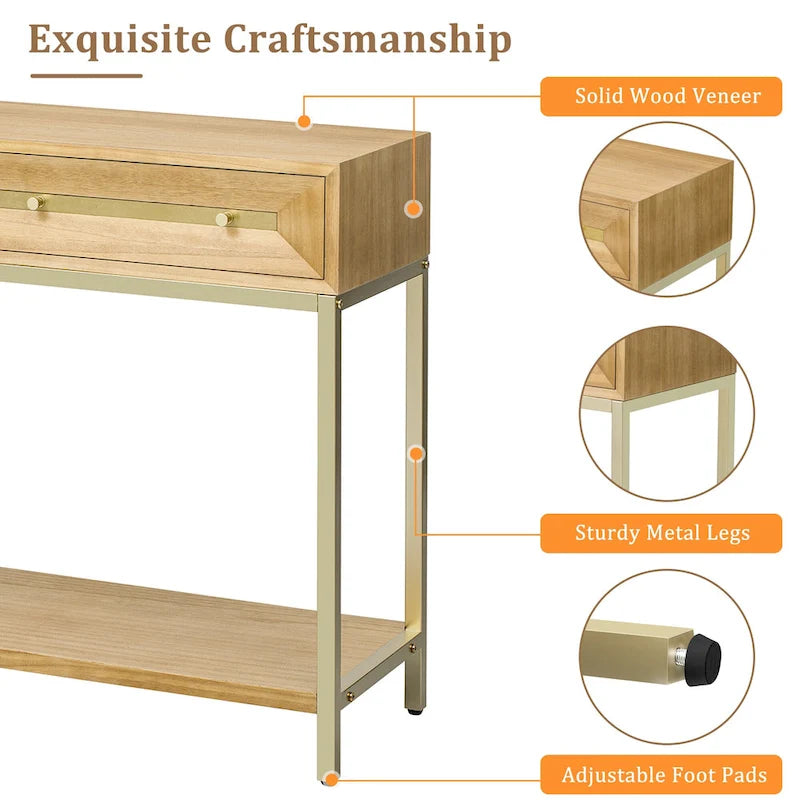 45.5" Retro Console Table - 2 Drawers, Geometric Design, Gold Accents, Black Finish (45.5W x 33.3H)