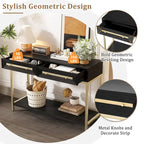 45.5" Retro Console Table - 2 Drawers, Geometric Design, Gold Accents, Black Finish (45.5W x 33.3H)