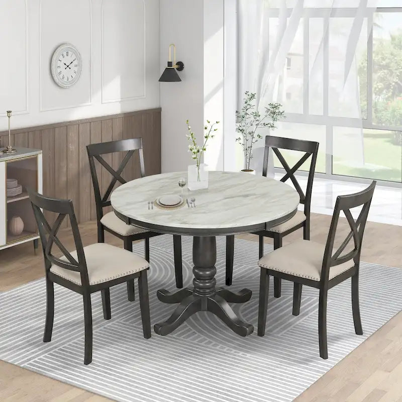 5-Piece Round Dining Table Set - Faux Marble Top, 4 Rubberwood Chairs, MDF Frame - Modern 41.7" Dining Set