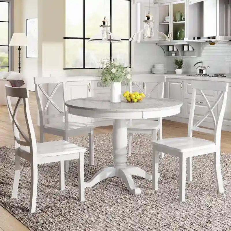 5-Piece Round Dining Table Set - Faux Marble Top, 4 Rubberwood Chairs, MDF Frame - Modern 41.7" Dining Set