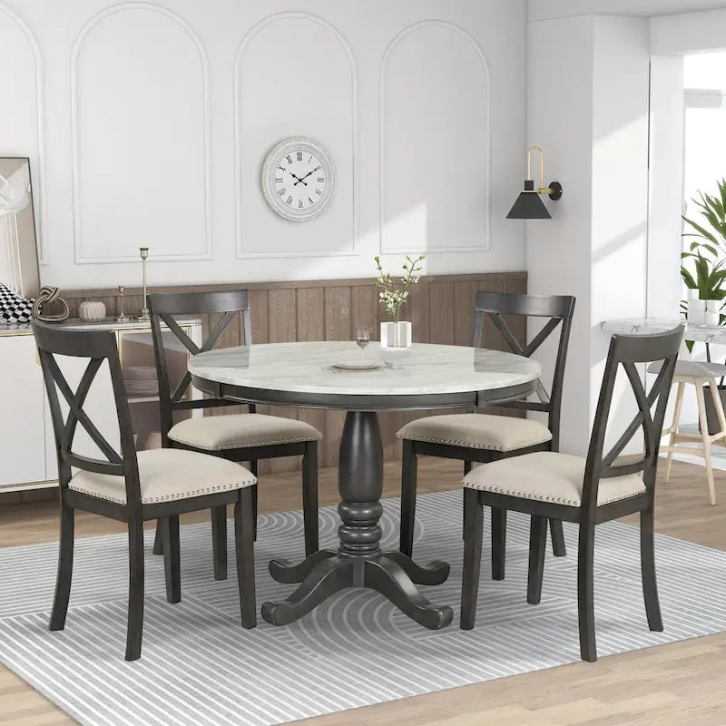 5-Piece Round Dining Table Set - Faux Marble Top, 4 Rubberwood Chairs, MDF Frame - Modern 41.7" Dining Set