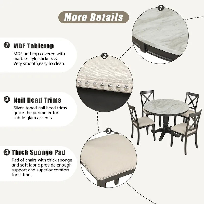 5-Piece Round Dining Table Set - Faux Marble Top, 4 Rubberwood Chairs, MDF Frame - Modern 41.7" Dining Set