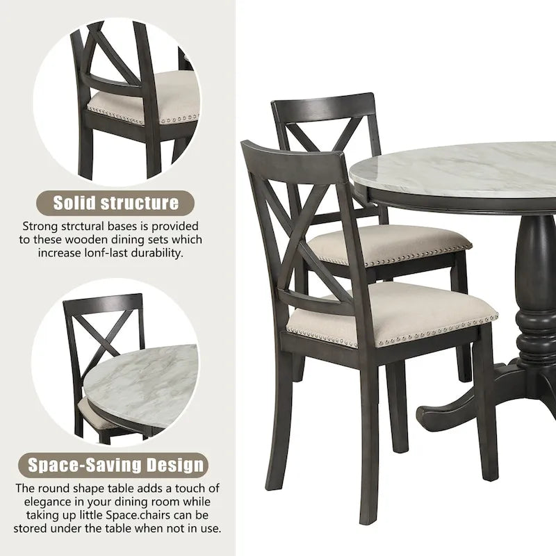 5-Piece Round Dining Table Set - Faux Marble Top, 4 Rubberwood Chairs, MDF Frame - Modern 41.7" Dining Set