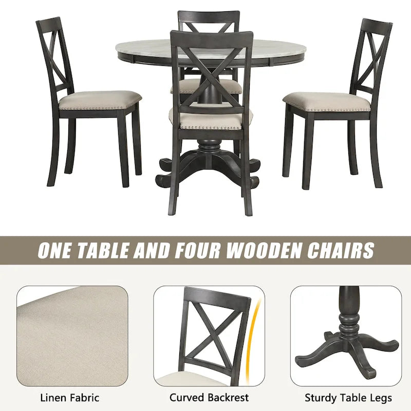 5-Piece Round Dining Table Set - Faux Marble Top, 4 Rubberwood Chairs, MDF Frame - Modern 41.7" Dining Set