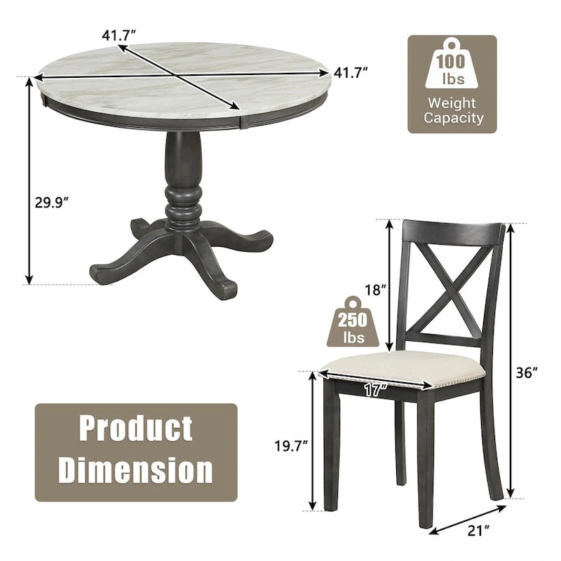 5-Piece Round Dining Table Set - Faux Marble Top, 4 Rubberwood Chairs, MDF Frame - Modern 41.7" Dining Set