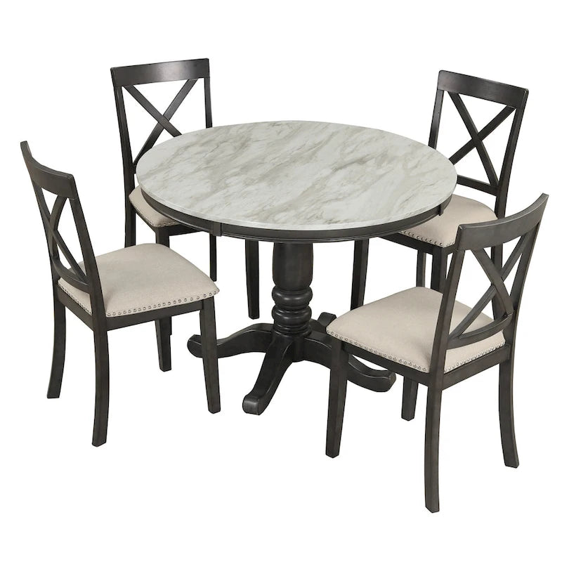 5-Piece Round Dining Table Set - Faux Marble Top, 4 Rubberwood Chairs, MDF Frame - Modern 41.7" Dining Set