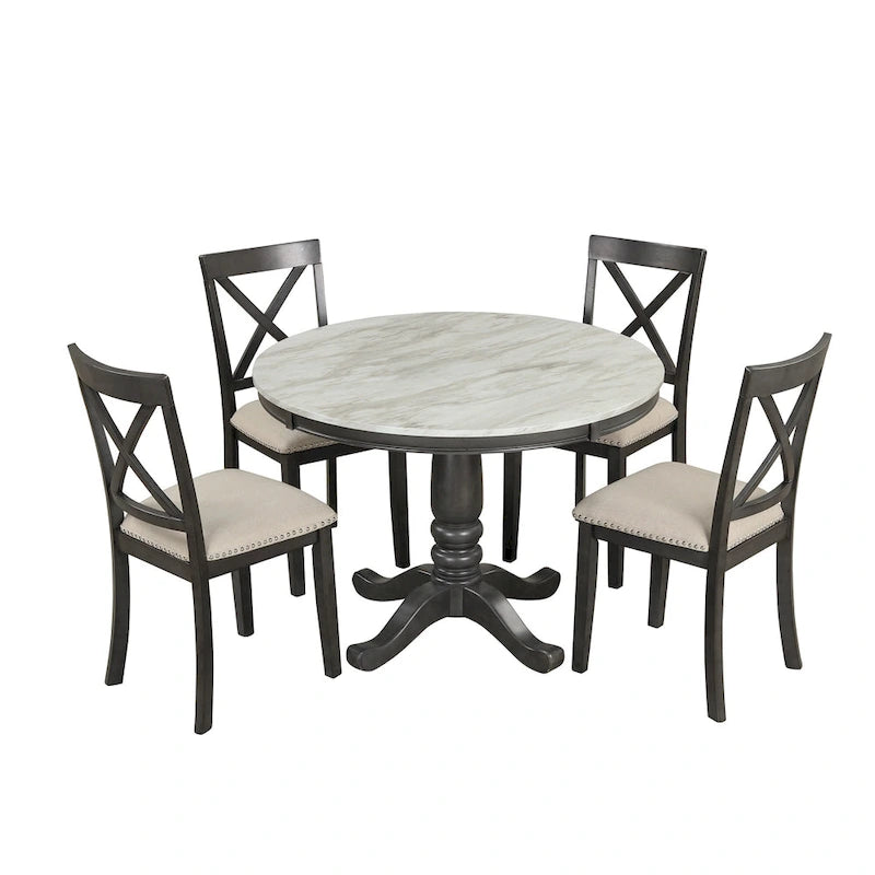 5-Piece Round Dining Table Set - Faux Marble Top, 4 Rubberwood Chairs, MDF Frame - Modern 41.7" Dining Set