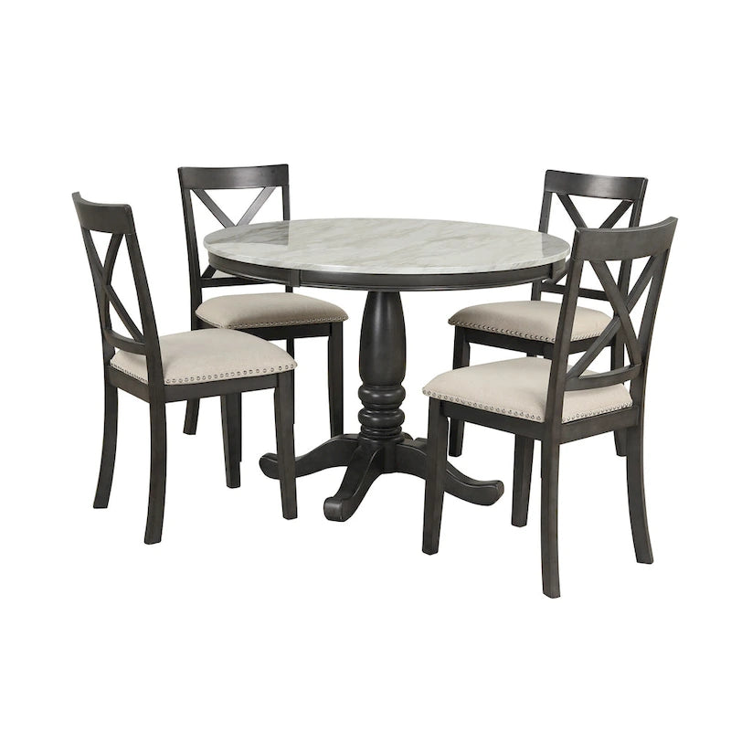 5-Piece Round Dining Table Set - Faux Marble Top, 4 Rubberwood Chairs, MDF Frame - Modern 41.7" Dining Set
