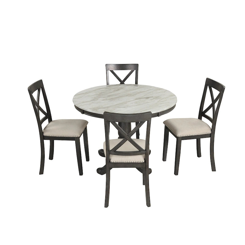 5-Piece Round Dining Table Set - Faux Marble Top, 4 Rubberwood Chairs, MDF Frame - Modern 41.7" Dining Set