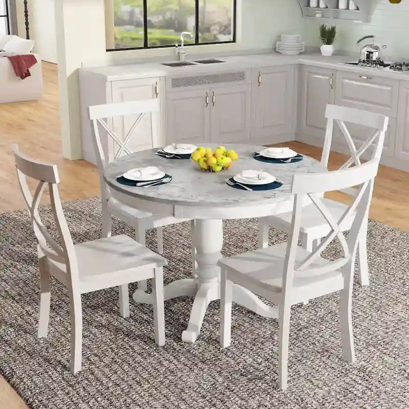 5-Piece Round Dining Table Set - Faux Marble Top, 4 Rubberwood Chairs, MDF Frame - Modern 41.7" Dining Set