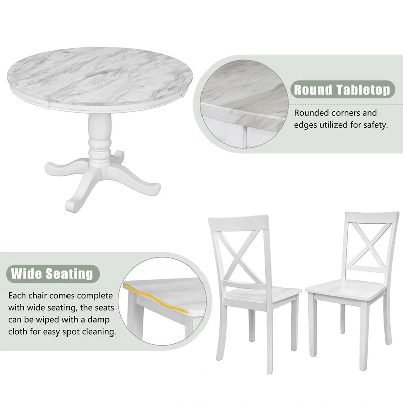 5-Piece Round Dining Table Set - Faux Marble Top, 4 Rubberwood Chairs, MDF Frame - Modern 41.7" Dining Set