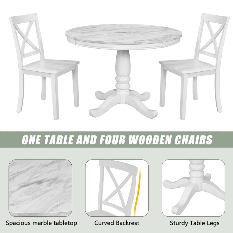 5-Piece Round Dining Table Set - Faux Marble Top, 4 Rubberwood Chairs, MDF Frame - Modern 41.7" Dining Set