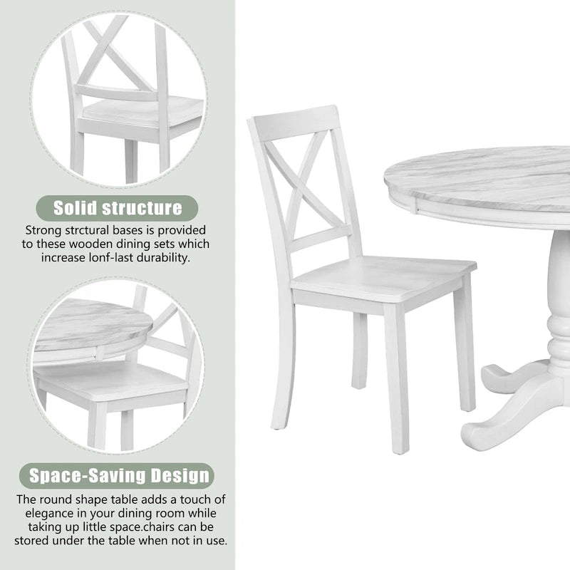 5-Piece Round Dining Table Set - Faux Marble Top, 4 Rubberwood Chairs, MDF Frame - Modern 41.7" Dining Set