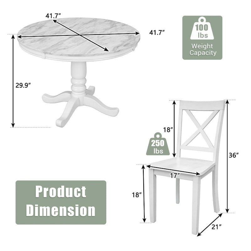 5-Piece Round Dining Table Set - Faux Marble Top, 4 Rubberwood Chairs, MDF Frame - Modern 41.7" Dining Set