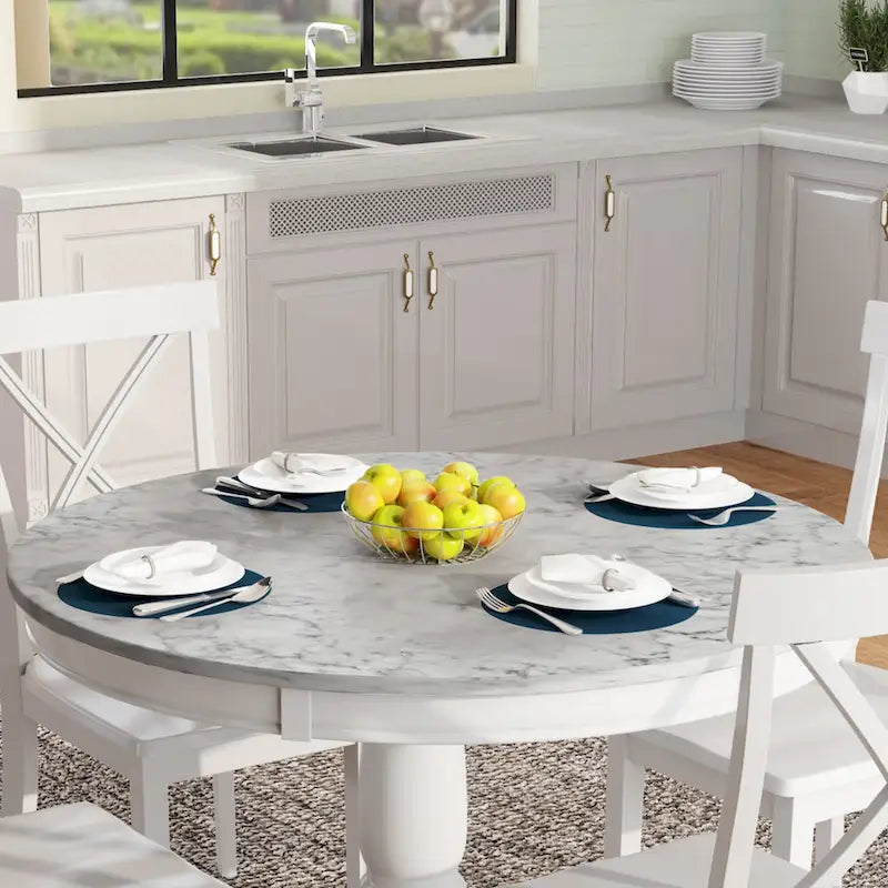 5-Piece Round Dining Table Set - Faux Marble Top, 4 Rubberwood Chairs, MDF Frame - Modern 41.7" Dining Set