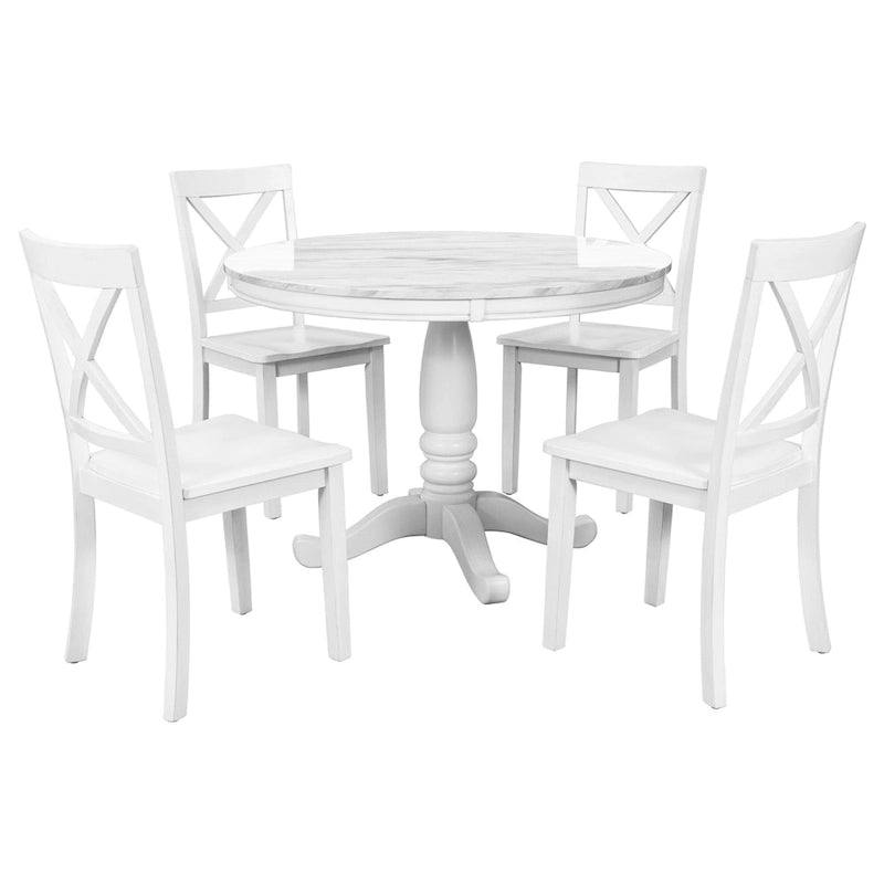 5-Piece Round Dining Table Set - Faux Marble Top, 4 Rubberwood Chairs, MDF Frame - Modern 41.7" Dining Set