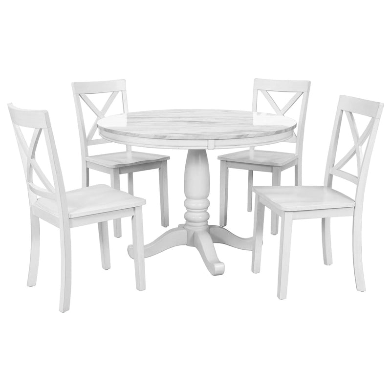 5-Piece Round Dining Table Set - Faux Marble Top, 4 Rubberwood Chairs, MDF Frame - Modern 41.7" Dining Set