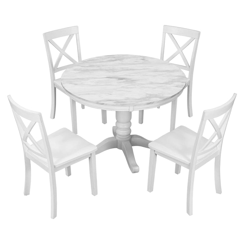 5-Piece Round Dining Table Set - Faux Marble Top, 4 Rubberwood Chairs, MDF Frame - Modern 41.7" Dining Set