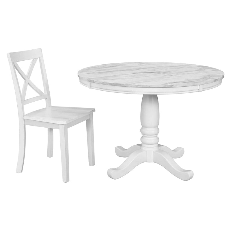 5-Piece Round Dining Table Set - Faux Marble Top, 4 Rubberwood Chairs, MDF Frame - Modern 41.7" Dining Set