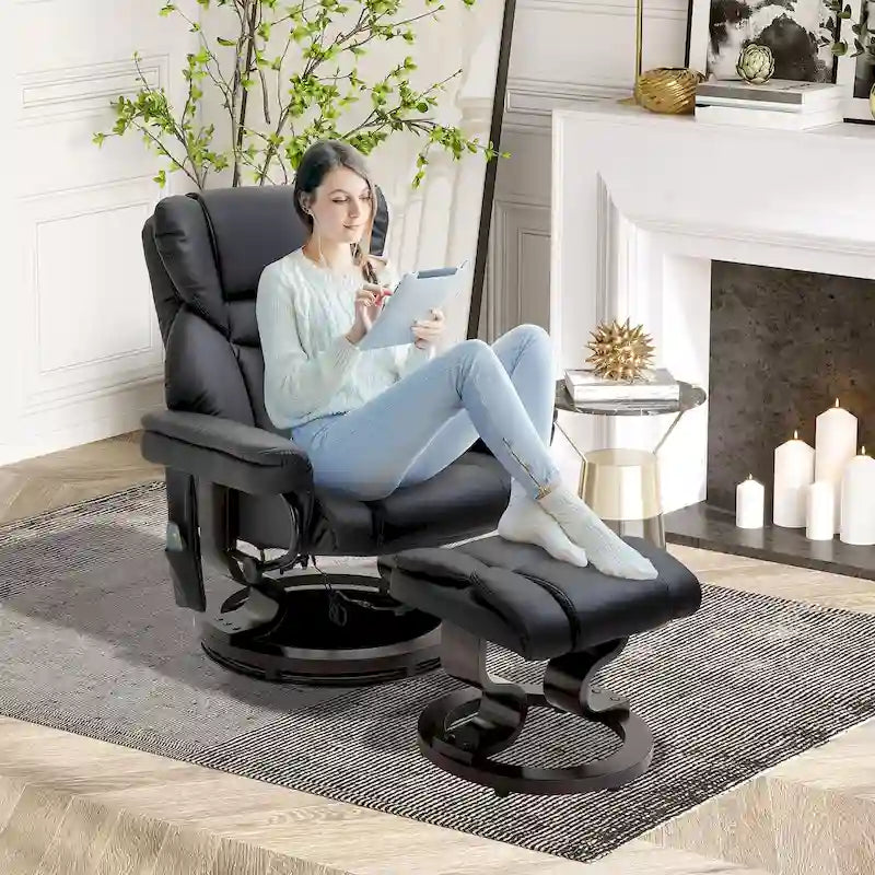 360° Swivel Recliner with Ottoman - Faux Leather, 10 Massage Points, 145° Recline, Side Pocket - Black Manual Recliner Set