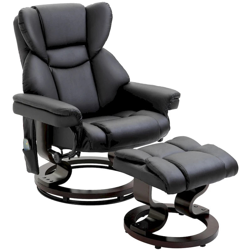 360° Swivel Recliner with Ottoman - Faux Leather, 10 Massage Points, 145° Recline, Side Pocket - Black Manual Recliner Set