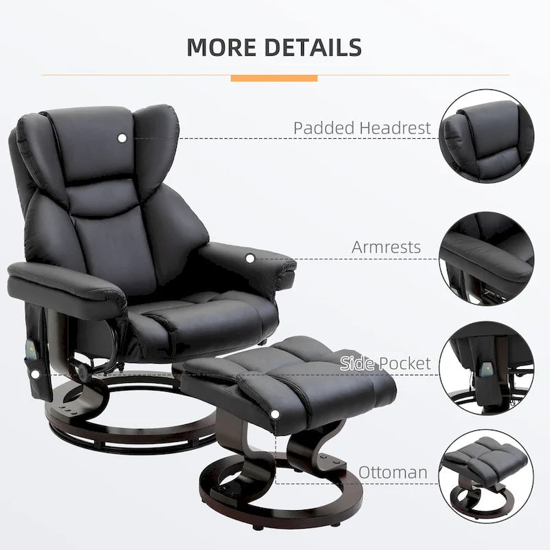 360° Swivel Recliner with Ottoman - Faux Leather, 10 Massage Points, 145° Recline, Side Pocket - Black Manual Recliner Set