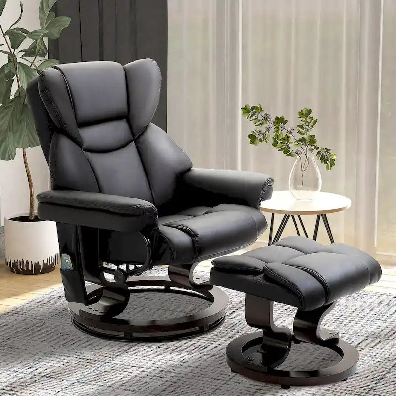 360° Swivel Recliner with Ottoman - Faux Leather, 10 Massage Points, 145° Recline, Side Pocket - Black Manual Recliner Set