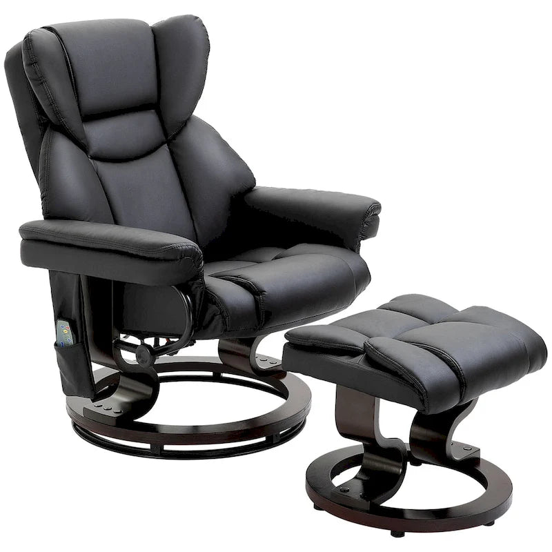 360° Swivel Recliner with Ottoman - Faux Leather, 10 Massage Points, 145° Recline, Side Pocket - Black Manual Recliner Set