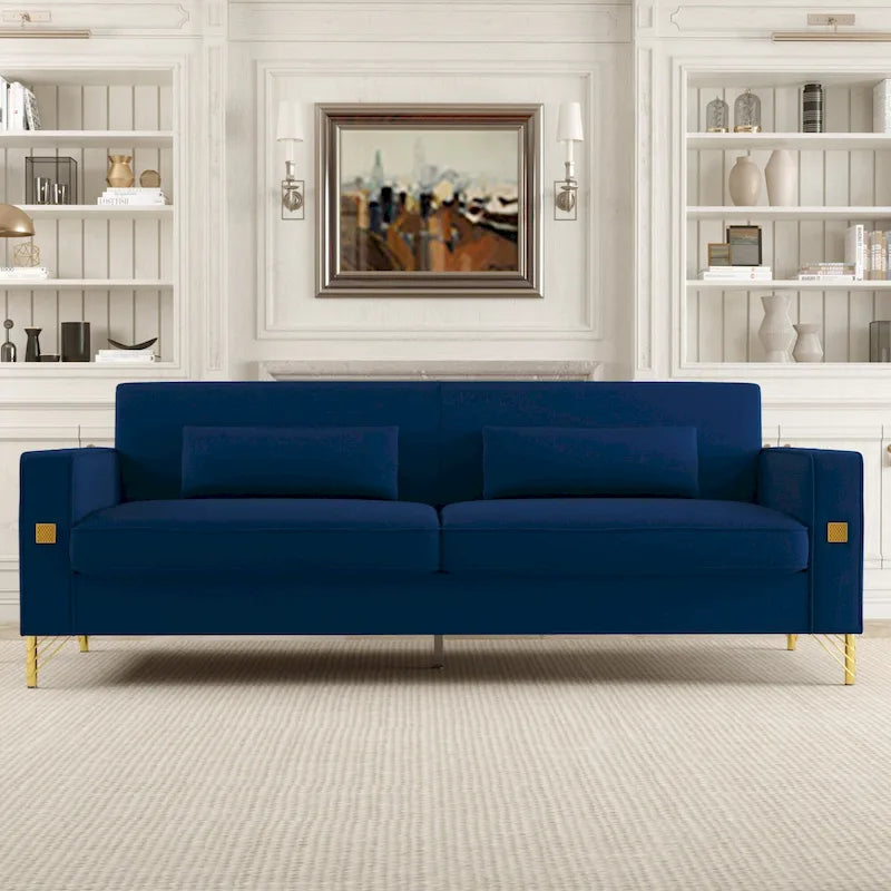 85.6" Modern Velvet 3-Seater Sofa - Pocketed Spring Cushions - Gold Metal Accents - Removable Washable Covers - Plush Polyester