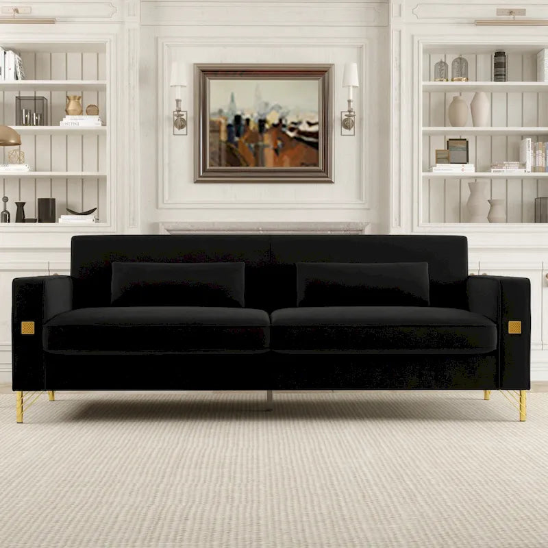 85.6" Modern Velvet 3-Seater Sofa - Pocketed Spring Cushions - Gold Metal Accents - Removable Washable Covers - Plush Polyester