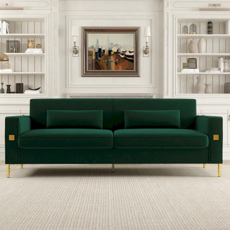 85.6" Modern Velvet 3-Seater Sofa - Pocketed Spring Cushions - Gold Metal Accents - Removable Washable Covers - Plush Polyester