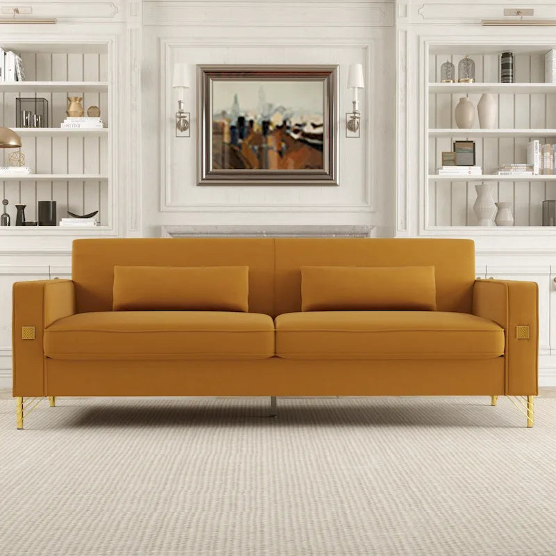 85.6" Modern Velvet 3-Seater Sofa - Pocketed Spring Cushions - Gold Metal Accents - Removable Washable Covers - Plush Polyester