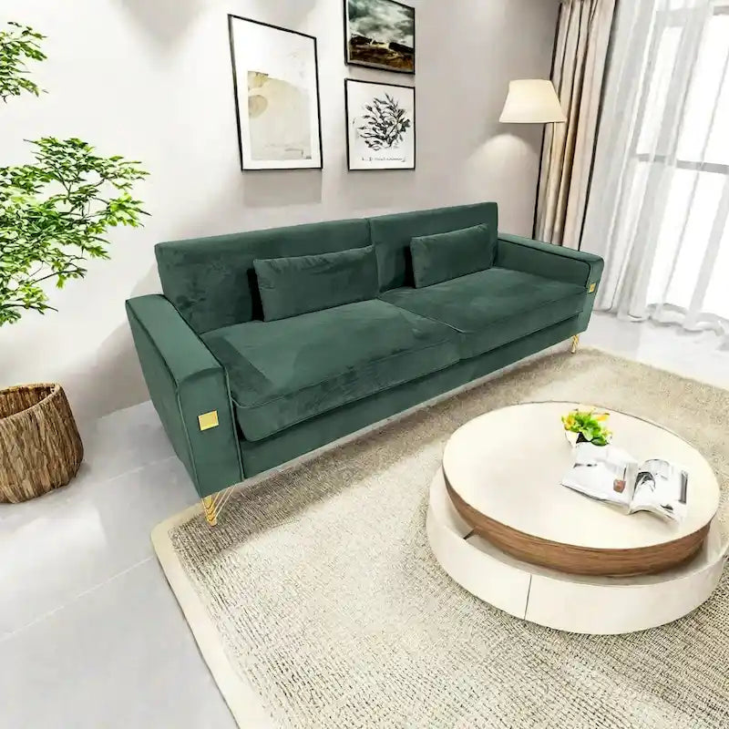 85.6" Modern Velvet 3-Seater Sofa - Pocketed Spring Cushions - Gold Metal Accents - Removable Washable Covers - Plush Polyester