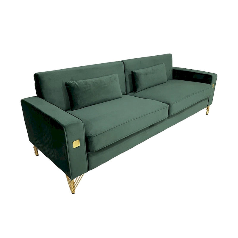 85.6" Modern Velvet 3-Seater Sofa - Pocketed Spring Cushions - Gold Metal Accents - Removable Washable Covers - Plush Polyester