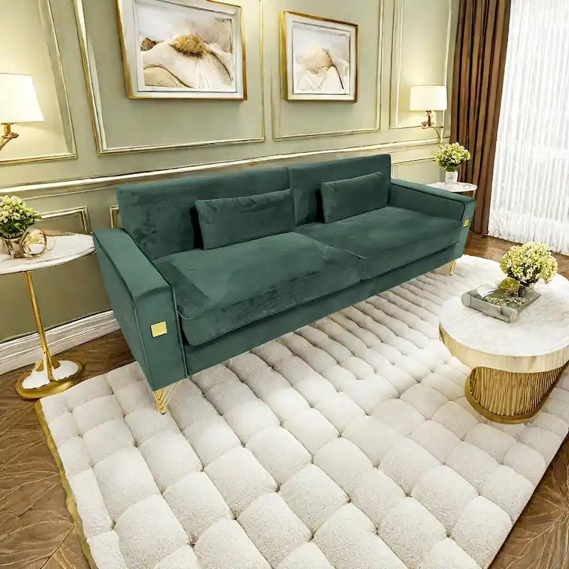 85.6" Modern Velvet 3-Seater Sofa - Pocketed Spring Cushions - Gold Metal Accents - Removable Washable Covers - Plush Polyester