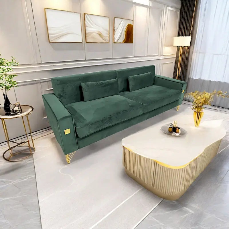 85.6" Modern Velvet 3-Seater Sofa - Pocketed Spring Cushions - Gold Metal Accents - Removable Washable Covers - Plush Polyester