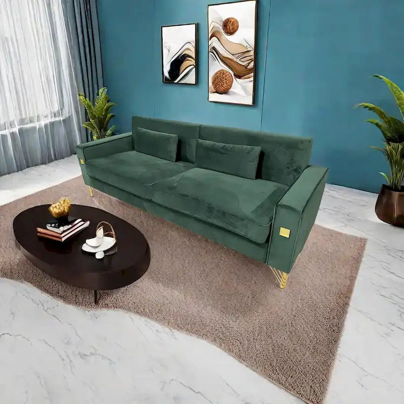 85.6" Modern Velvet 3-Seater Sofa - Pocketed Spring Cushions - Gold Metal Accents - Removable Washable Covers - Plush Polyester