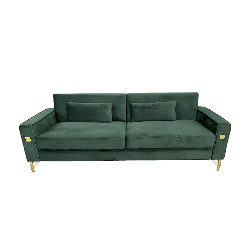 85.6" Modern Velvet 3-Seater Sofa - Pocketed Spring Cushions - Gold Metal Accents - Removable Washable Covers - Plush Polyester
