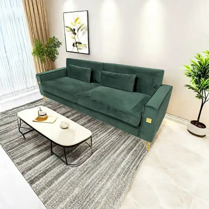 85.6" Modern Velvet 3-Seater Sofa - Pocketed Spring Cushions - Gold Metal Accents - Removable Washable Covers - Plush Polyester
