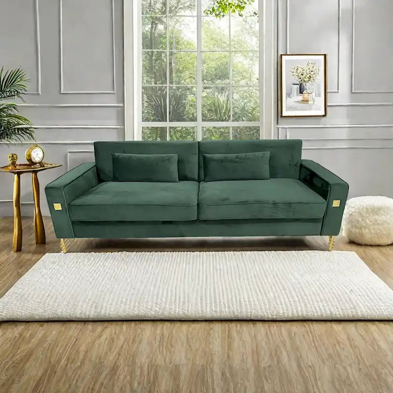85.6" Modern Velvet 3-Seater Sofa - Pocketed Spring Cushions - Gold Metal Accents - Removable Washable Covers - Plush Polyester
