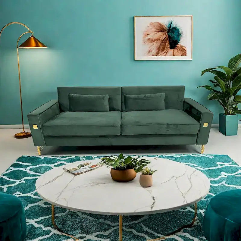 85.6" Modern Velvet 3-Seater Sofa - Pocketed Spring Cushions - Gold Metal Accents - Removable Washable Covers - Plush Polyester