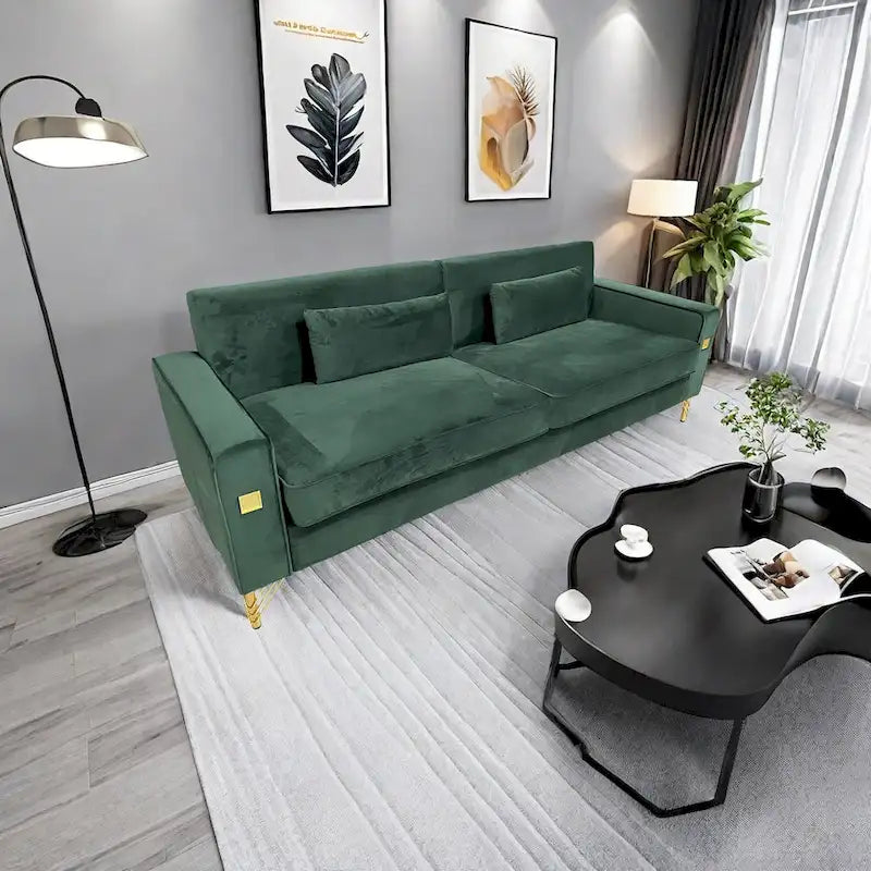 85.6" Modern Velvet 3-Seater Sofa - Pocketed Spring Cushions - Gold Metal Accents - Removable Washable Covers - Plush Polyester