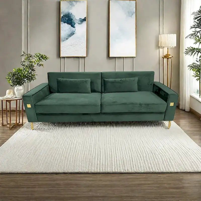 85.6" Modern Velvet 3-Seater Sofa - Pocketed Spring Cushions - Gold Metal Accents - Removable Washable Covers - Plush Polyester
