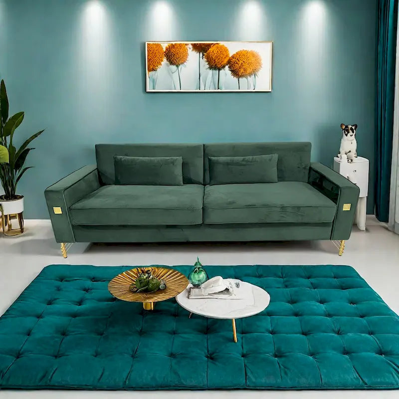 85.6" Modern Velvet 3-Seater Sofa - Pocketed Spring Cushions - Gold Metal Accents - Removable Washable Covers - Plush Polyester