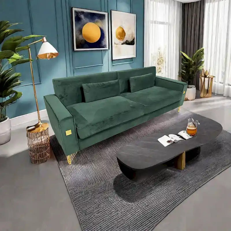 85.6" Modern Velvet 3-Seater Sofa - Pocketed Spring Cushions - Gold Metal Accents - Removable Washable Covers - Plush Polyester