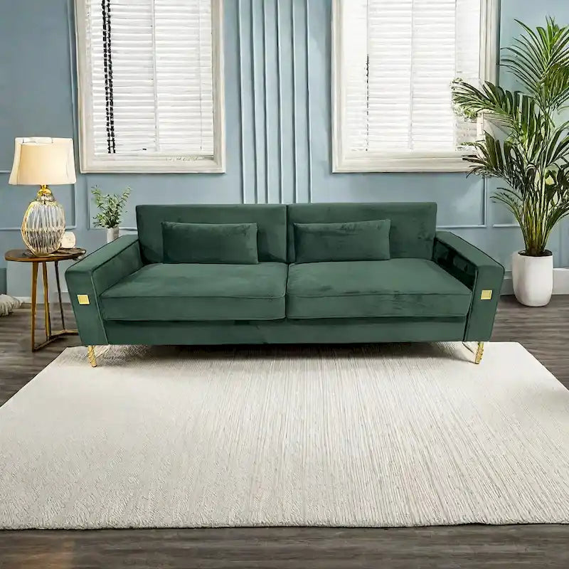 85.6" Modern Velvet 3-Seater Sofa - Pocketed Spring Cushions - Gold Metal Accents - Removable Washable Covers - Plush Polyester